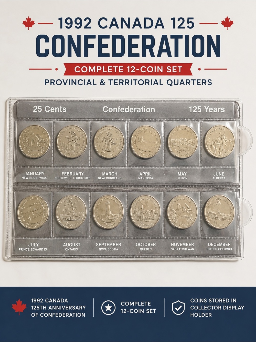 1992 Canada 125 Confederation 25¢ Quarter Complete 12 Coin Set
